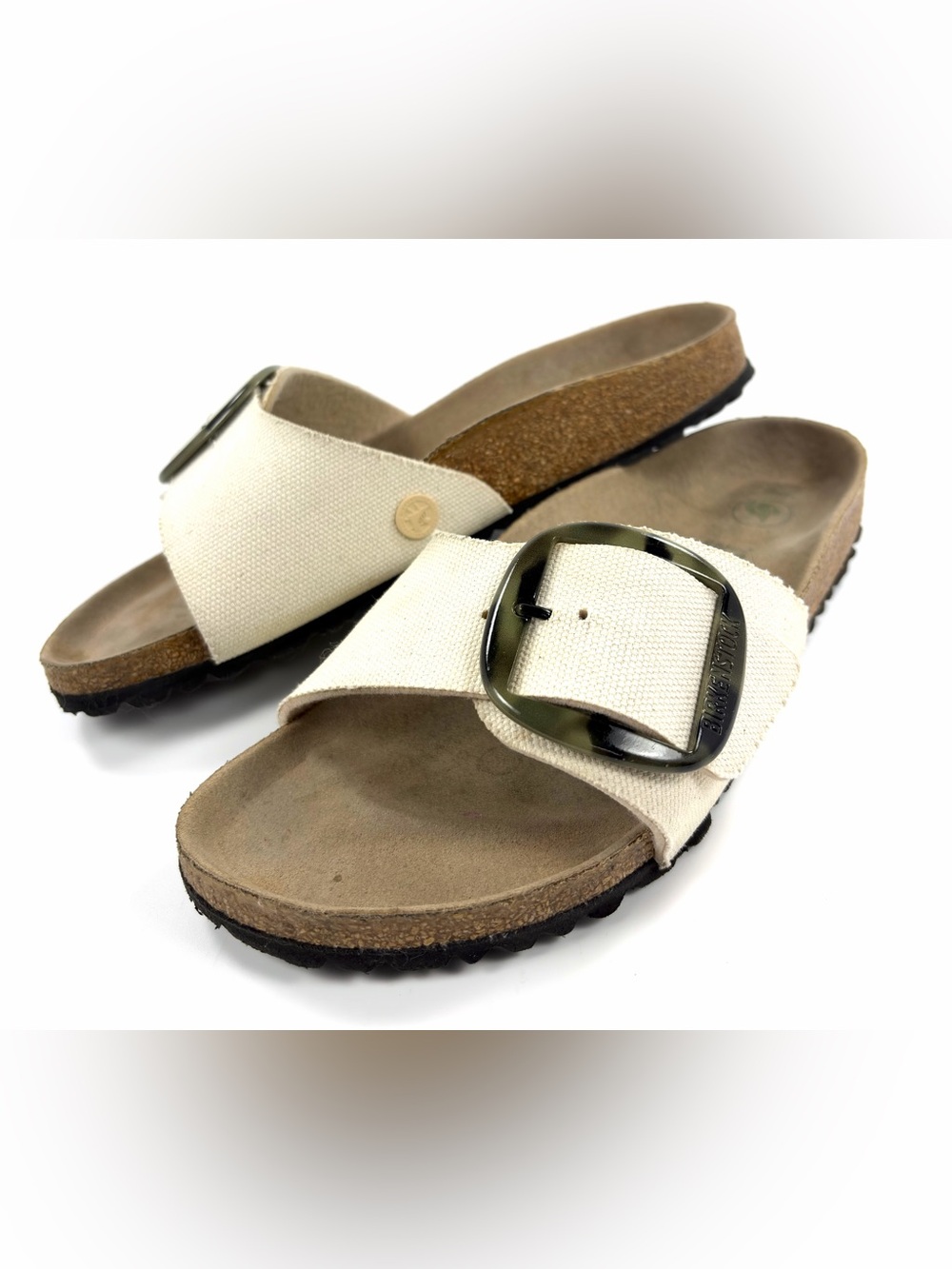 Birkenstock Madrid Big Buckle Cream Canvas Camo Buckle Sandals 39